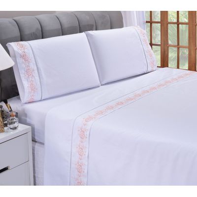 Jogo lençol Floral quarto casal Queen bordado 4 peças 2fronha Branco com Salmão