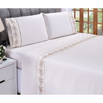 Jogo lençol Floral quarto casal Queen bordado 4 peças 2fronha  Palha com Caqui
