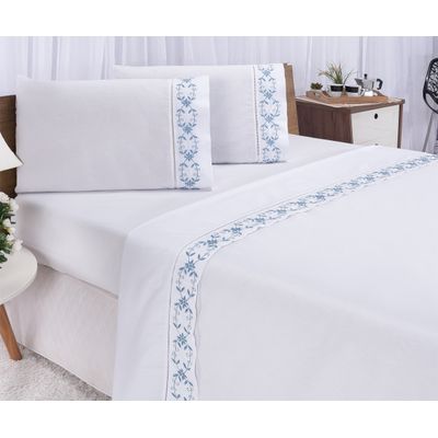 Jogo lençol Veneza quarto casal Queen bordado 4 peças 2fronha Branco com Caqui