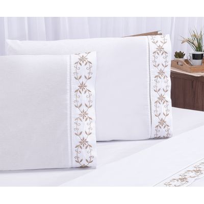 Jogo lençol Veneza quarto casal Queen bordado 4 peças 2fronha Branco com Caqui