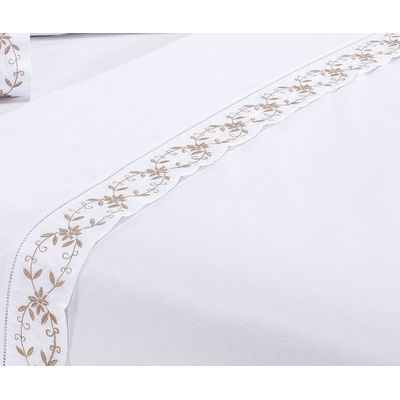 Jogo lençol Veneza quarto casal Queen bordado 4 peças 2fronha Branco com Caqui