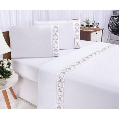 Jogo lençol Veneza quarto casal Queen bordado 4 peças 2fronha Branco com Caqui