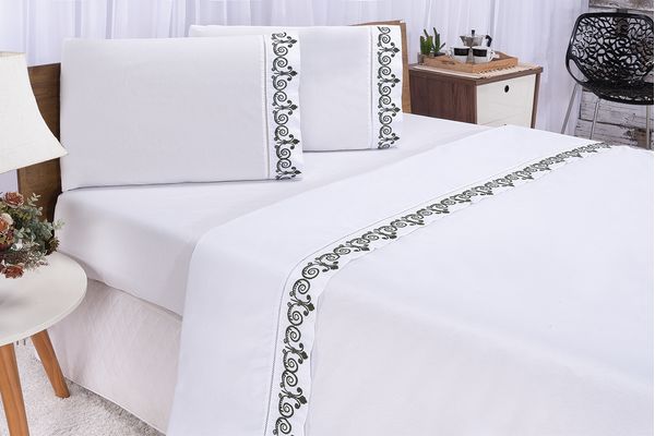 Jogo lençol Atenas quarto casal Queen bordado 4 peças 2fronha Branco com Verde Petróleo