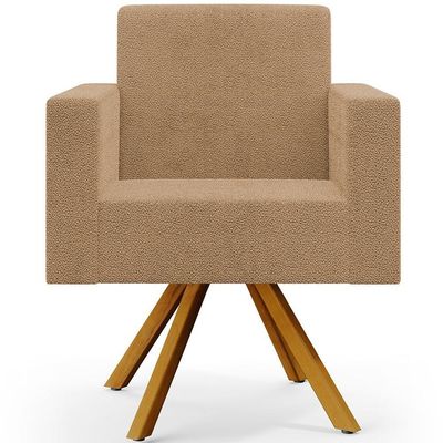 Poltrona Decorativa Giratória Base De Madeira Helô L02 Bouclê Mostarda - Lyam Decor