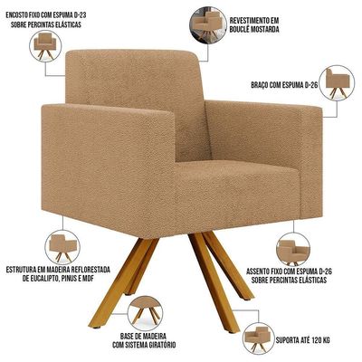 Poltrona Decorativa Giratória Base De Madeira Helô L02 Bouclê Mostarda - Lyam Decor