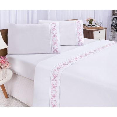 Jogo lençol Veneza quarto casal Queen bordado 4 peças 2fronha  Branco com Rose