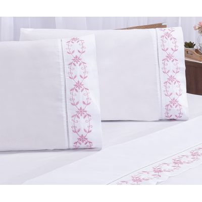 Jogo lençol Veneza quarto casal Queen bordado 4 peças 2fronha  Branco com Rose