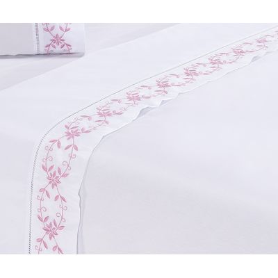 Jogo lençol Veneza quarto casal Queen bordado 4 peças 2fronha  Branco com Rose