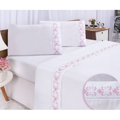 Jogo lençol Veneza quarto casal Queen bordado 4 peças 2fronha  Branco com Rose