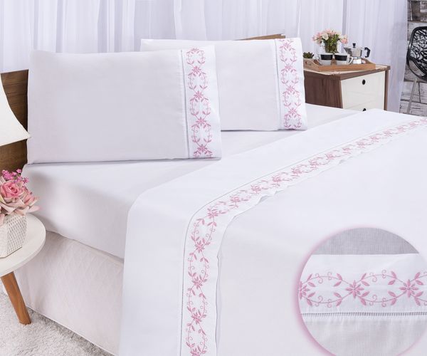 Jogo lençol Veneza quarto casal Queen bordado 4 peças 2fronha Branco com Rose