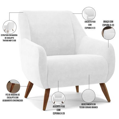 Poltrona Fixa Pés De Madeira Paloma D02 Corano Branco C-12