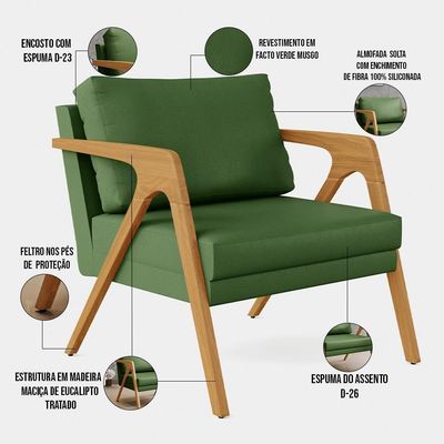 Kit 3 Poltronas Com Estrutura Madeira L02 Facto Verde Musgo