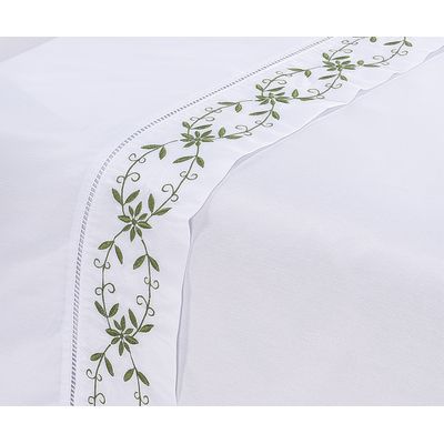 Jogo lençol Veneza quarto casal Queen bordado 4 peças 2fronha  Branco com Verde Musgo