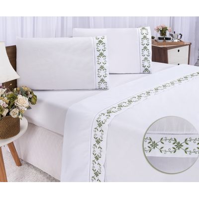 Jogo lençol Veneza quarto casal Queen bordado 4 peças 2fronha  Branco com Verde Musgo