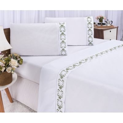 Jogo lençol Veneza quarto casal Queen bordado 4 peças 2fronha  Branco com Verde Musgo