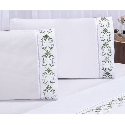 Jogo lençol Veneza quarto casal Queen bordado 4 peças 2fronha  Branco com Verde Musgo