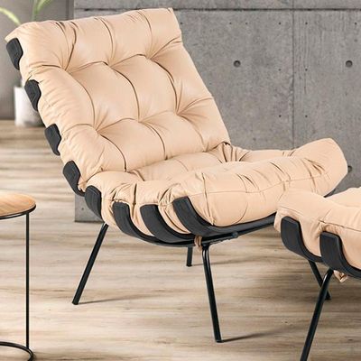 Kit 02 Poltronas Sala De Estar Costela Preto L04 Couro Bege