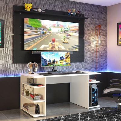 Mesa Gamer e Painel para TV até 65" Branco e Preto Madesa