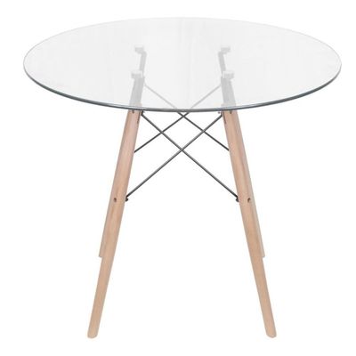 Mesa De Jantar Eiffel Dkr Redonda 90 Cm Tampo De Vidro Base Madeira