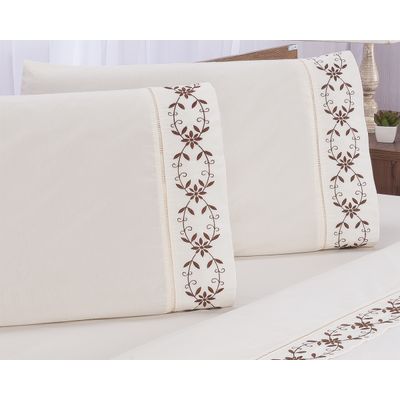 Jogo lençol Veneza quarto casal Queen bordado 4 peças 2fronha Palha com Chocolate