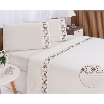Jogo lençol Veneza quarto casal Queen bordado 4 peças 2fronha Palha com Chocolate