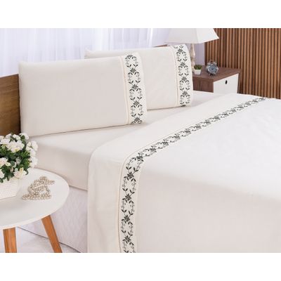 Jogo lençol Veneza quarto casal Queen bordado 4 peças 2fronha Palha com Verde petróleo