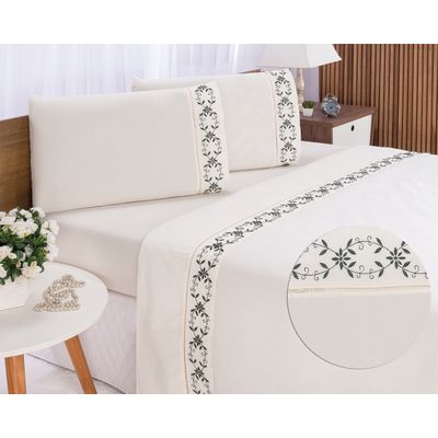 Jogo lençol Veneza quarto casal Queen bordado 4 peças 2fronha Palha com Verde petróleo