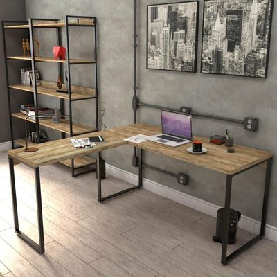 Kit Mesa Em L Com Estante 5 Prateleiras 150X150 Carvalho