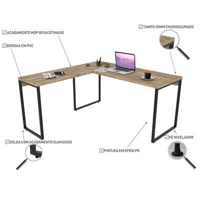 Kit Mesa Em L Com Estante 5 Prateleiras 150X150 Carvalho