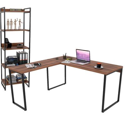 Kit Mesa Em L Com Estante 5 Prateleiras 150X150 Nogal