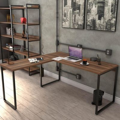 Kit Mesa Em L Com Estante 5 Prateleiras 150X150 Nogal