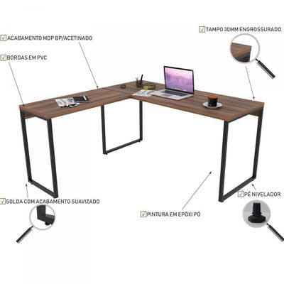 Kit Mesa Em L Com Estante 5 Prateleiras 150X150 Nogal
