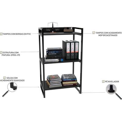 Kit Mesa Cavalete 135 Cm Com Estante 3 Prateleiras Preto
