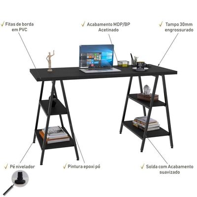 Kit Mesa Cavalete 135 Cm Com Estante 3 Prateleiras Preto