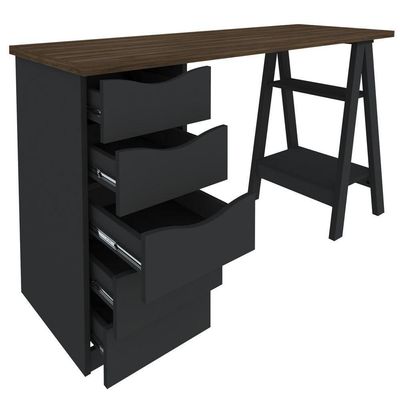 Mesa P/ Escritório Escrivaninha 5 Gavetas Nogal Preto