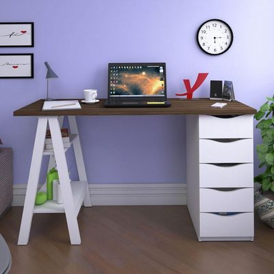Mesa P/ Escritório Escrivaninha 5 Gavetas Nogal Branco
