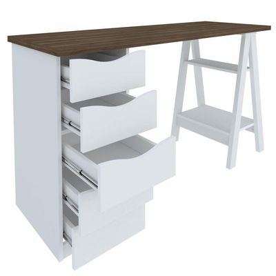 Mesa P/ Escritório Escrivaninha 5 Gavetas Nogal Branco
