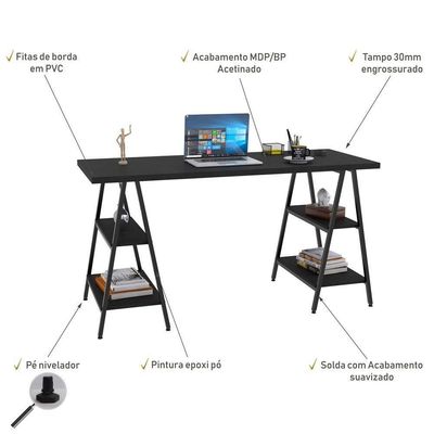 Kit Mesa Cavalete 150 Cm Com Estante 3 Prateleiras Preto