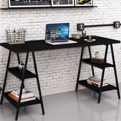 Kit Mesa Cavalete 150 Cm Com Estante 3 Prateleiras Preto