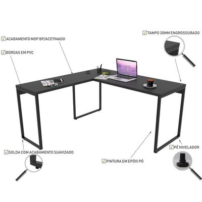 Kit Mesa Em L Com Estante 5 Prateleiras 150X150 Preto