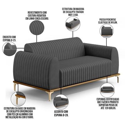 Kit Sofá 3 Lugares 180Cm Com Poltrona Cinza Escuro C-416
