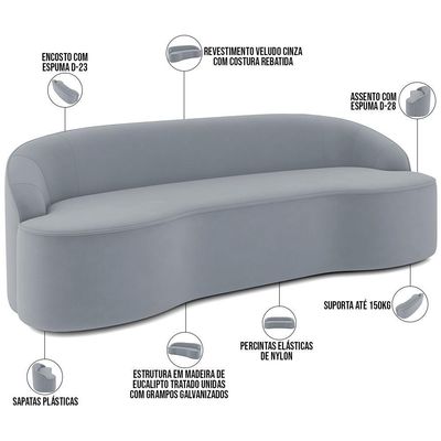 Sofá 3 Lugares Curvo Sala De Estar Living Lótus D02 Veludo Cinza 210 Cm C-317