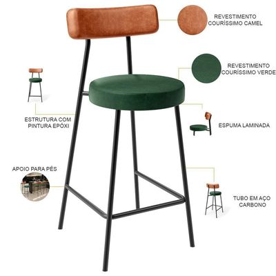 Kit 05 Banquetas Baixa Cozinha Sala Jantar Bancada Milão L02 Couríssimo Camel Verde - Lyam Decor