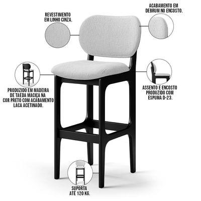 Kit 3 Banquetas Alta Betta Preto Linho Cinza