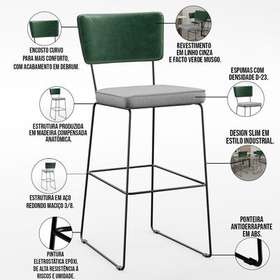 Kit 05 Banquetas Altas Facto Verde Musgo Linho Cinza