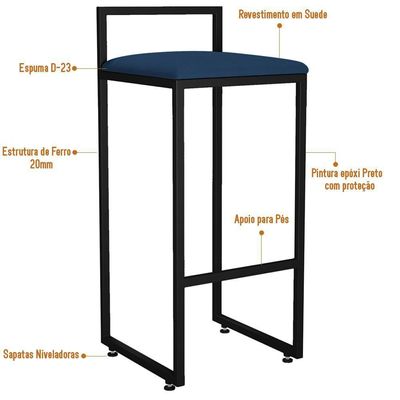 Banqueta Alta Cozinha Hanna L02 Preto Suede Azul Marinho
