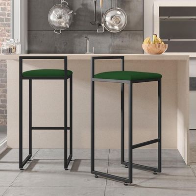Banqueta Alta Para Cozinha Hanna Preto Suede Verde Musgo