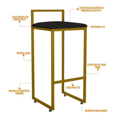 Banqueta Alta Cozinha Hanna L02 Dourado Corano Preto