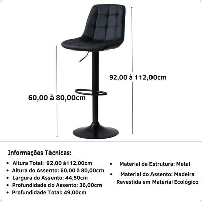 Kit 10 Banqueta Alta Elegance Estofada Com Base Giratória E Regulagem De Altura - Preto