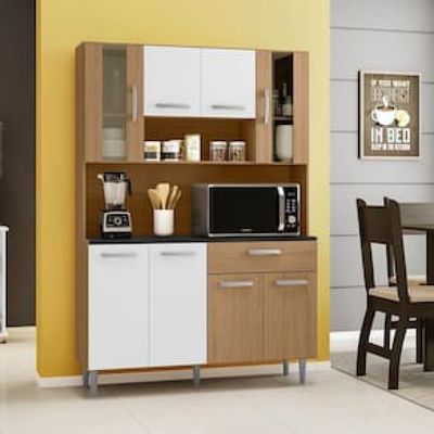 Cozinha Compacta Poliman Móveis Gabi com 8 Portas e 1 Gaveta - 120cm de largura Marrom Chocolate